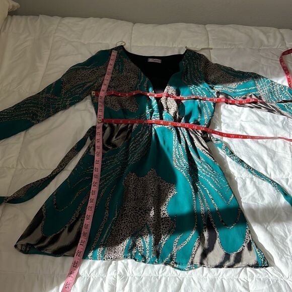 Auditions Fashion Dress V Neck Hunter Green Black Tan Animal Print Mini Belt Inc - Picture 9 of 10